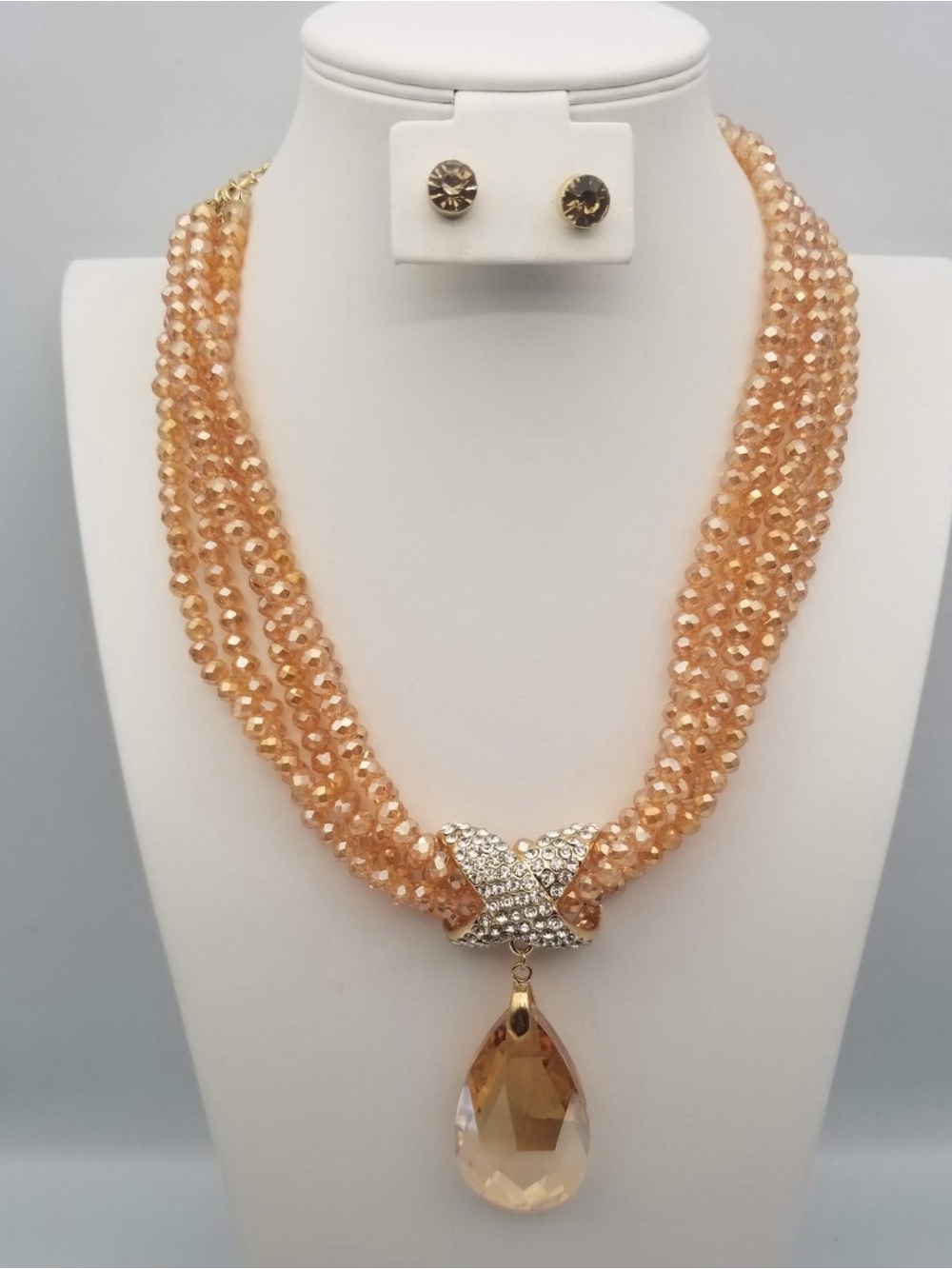 Crystal Multi-Strand Peach Necklace with Teardrop Pendant